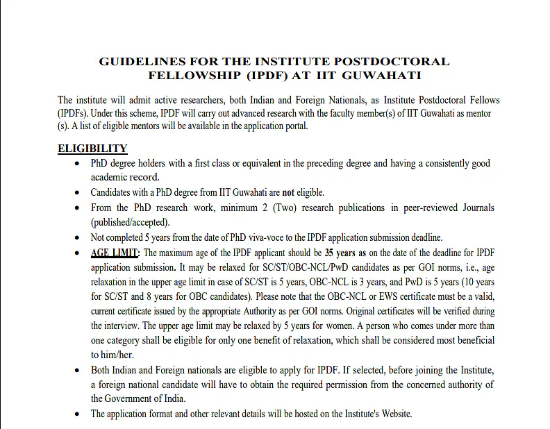 Institute Postdoctoral Fellowship (IPDF) 2026: IIT Guwahati