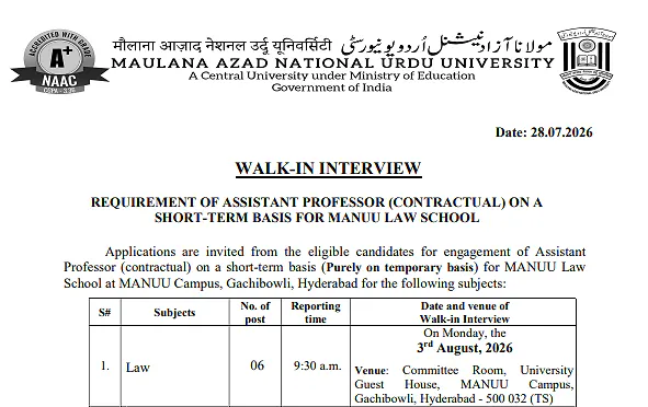 MANUU Assistant Professor Recruitment 2026: 06 Law Positions