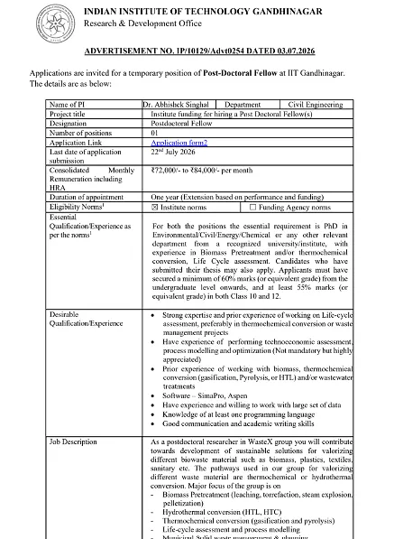 IIT Gandhinagar Post-Doctoral Fellow Recruitment 2026 – Apply for Environmental Engineering Research Position