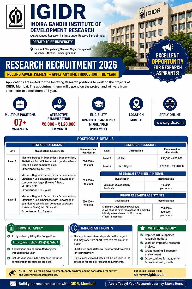 IGIDR Mumbai Research Recruitment 2026: Apply Online for Research Assistant, Associate 