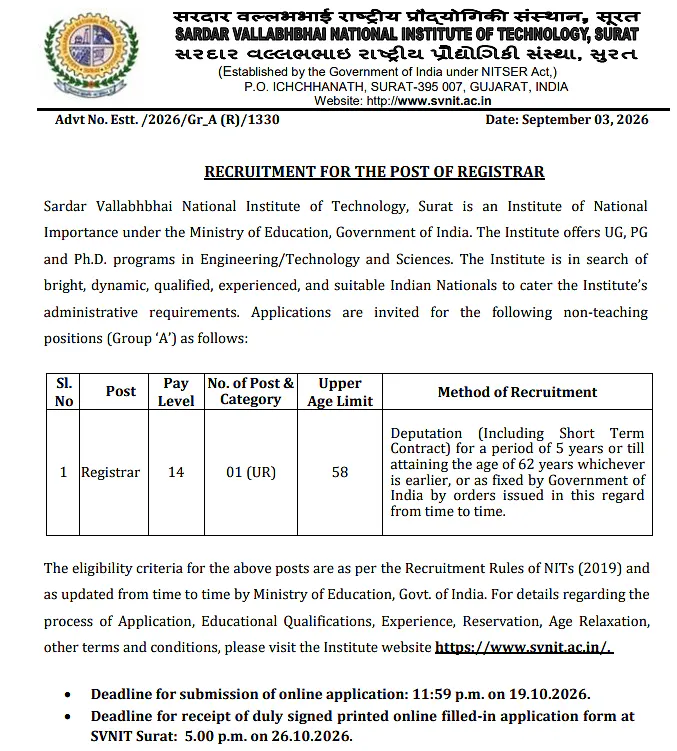 Registrar Recruitment 2026 at SVNIT Surat – Group ‘A’ Non-Teaching Position