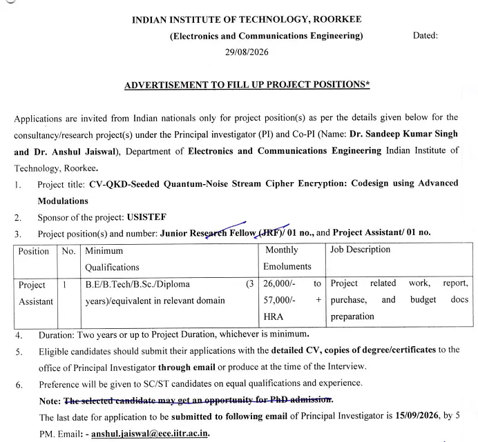 Project Assistant Recruitment 2026 at IIT Roorkee – USISTEF Research Project