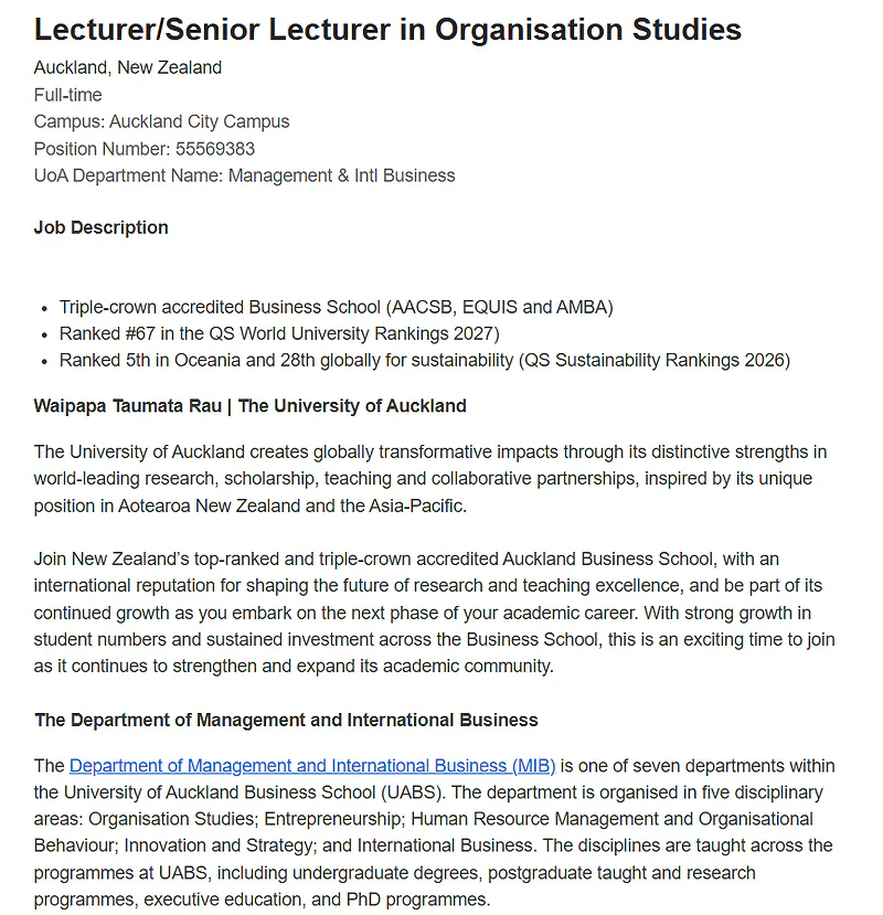 University of Auckland Recruitment 2026: Lecturer / Senior Lecturer in Organisation Studies 