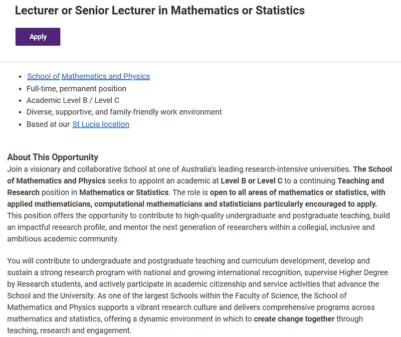 University of Queensland Recruitment 2026: Lecturer/Senior Lecturer in Mathematics or Statistics