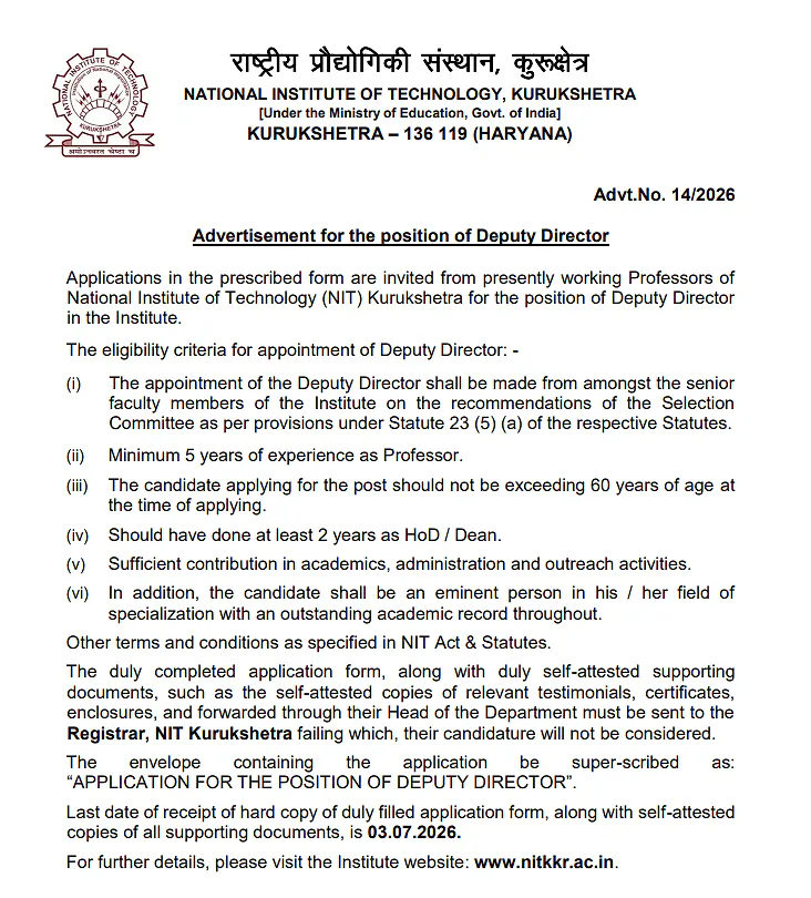 NIT Kurukshetra Recruitment 2026 – Applications Invited for Deputy Director Position