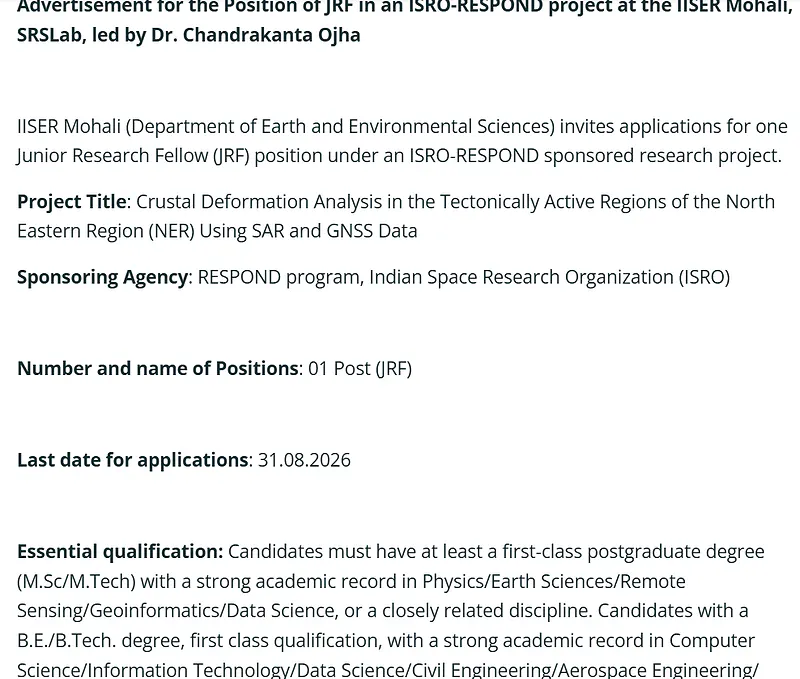 IISER Mohali JRF Recruitment 2026 – ISRO RESPOND Project