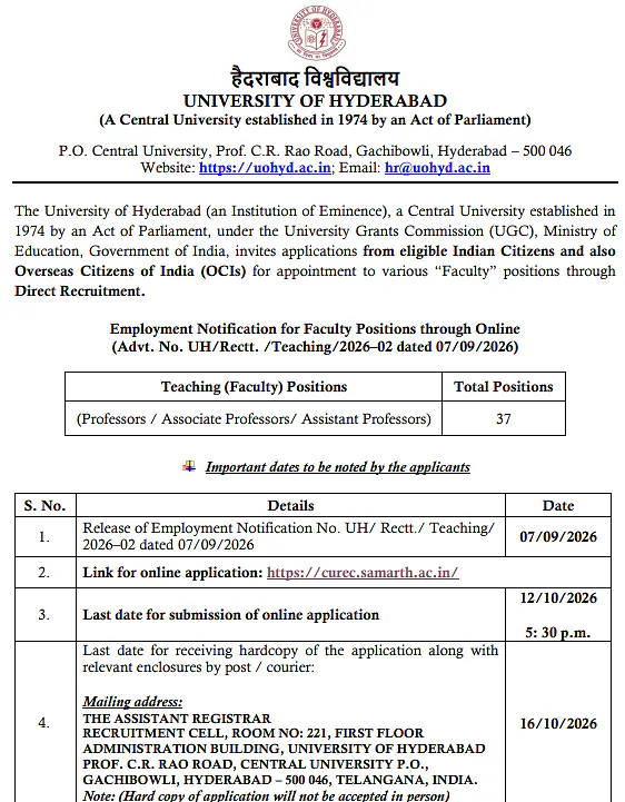 University of Hyderabad Faculty Recruitment 2026 – 37 Professor, Associate Professor and Assistant Professor Positions