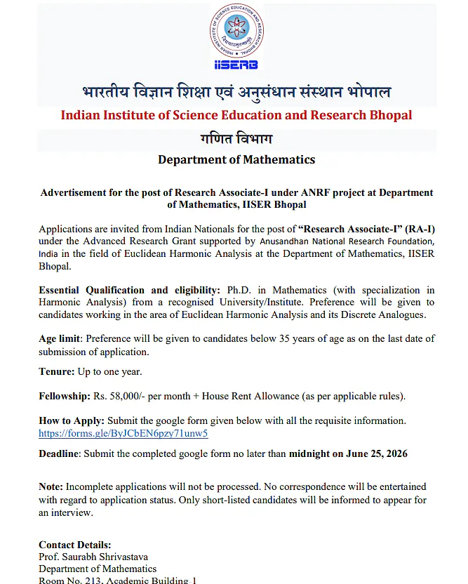 Research Associate-I (RA-I) Recruitment 2026 at IISER Bhopal – ANRF Funded Research Project