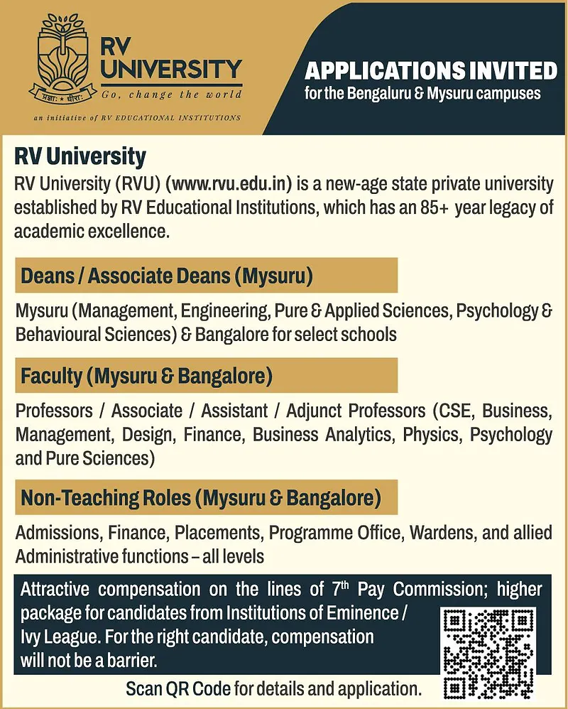 RV University – Career Opportunities for Bengaluru & Mysuru Campuses