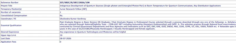 IIT Kharagpur Recruitment 2026 | Junior Research Fellow (JRF) in Quantum Technologies