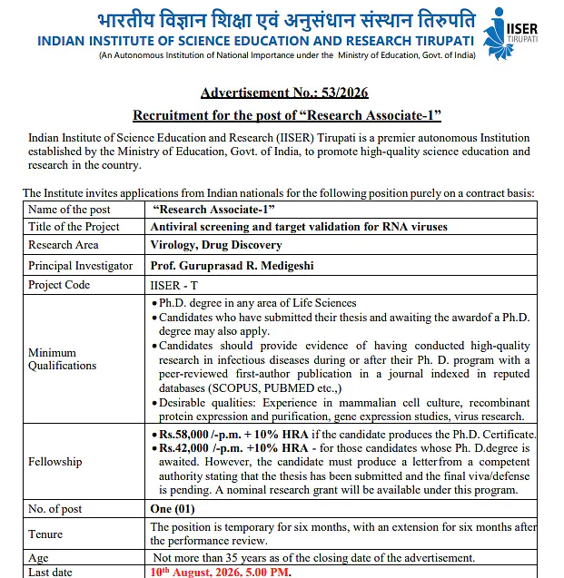 IISER Tirupati Research Associate-I Recruitment 2026