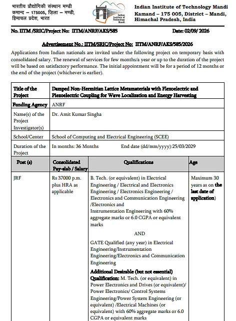 Junior Research Fellow Recruitment 2026 at IIT Mandi – ANRF Sponsored Research Project