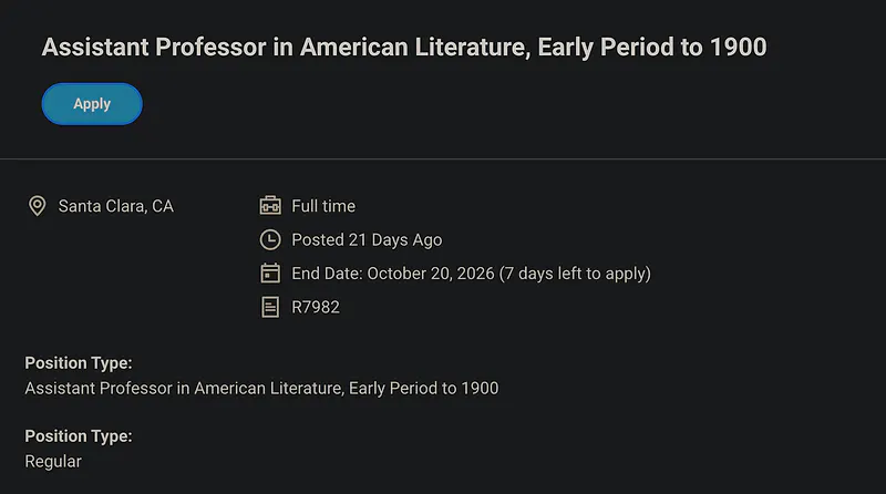 Assistant Professor in American Literature, Early Period to 1900 – Santa Clara University