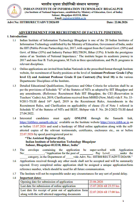 IIIT Bhagalpur Faculty Recruitment 2026 | Assistant Professor Grade I & Grade II (On Contract)