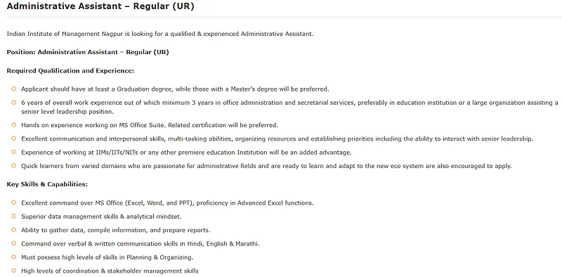 Administrative Assistant – Regular (UR) Recruitment 2026 at IIM Nagpur