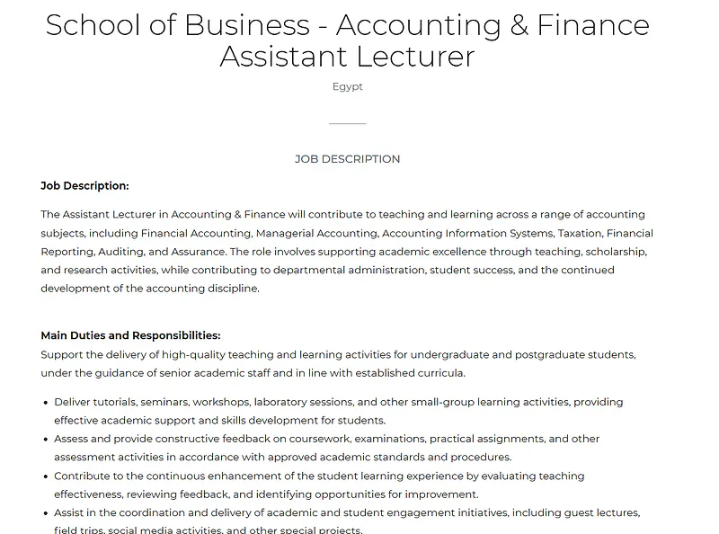 School of Business – Accounting & Finance | Assistant Lecturer Recruitment 2026 (Egypt)