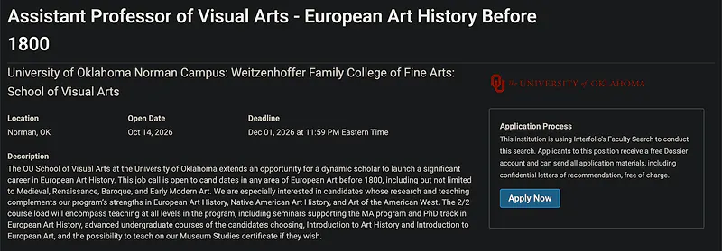 Faculty Opportunity: Assistant Professor of Visual Arts – European Art History Before 1800 – University of Oklahoma
