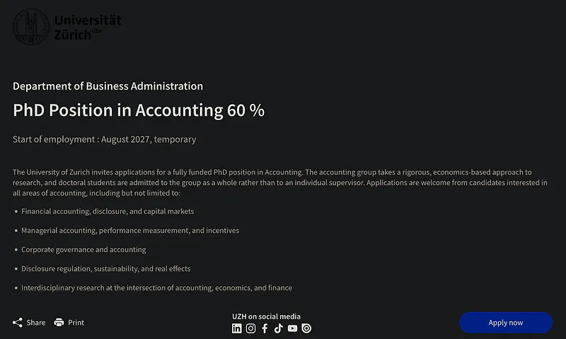 PhD Opportunity: PhD Position in Accounting – University of Zurich