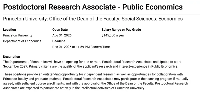 Postdoctoral Research Associate – Public Economics – Princeton University