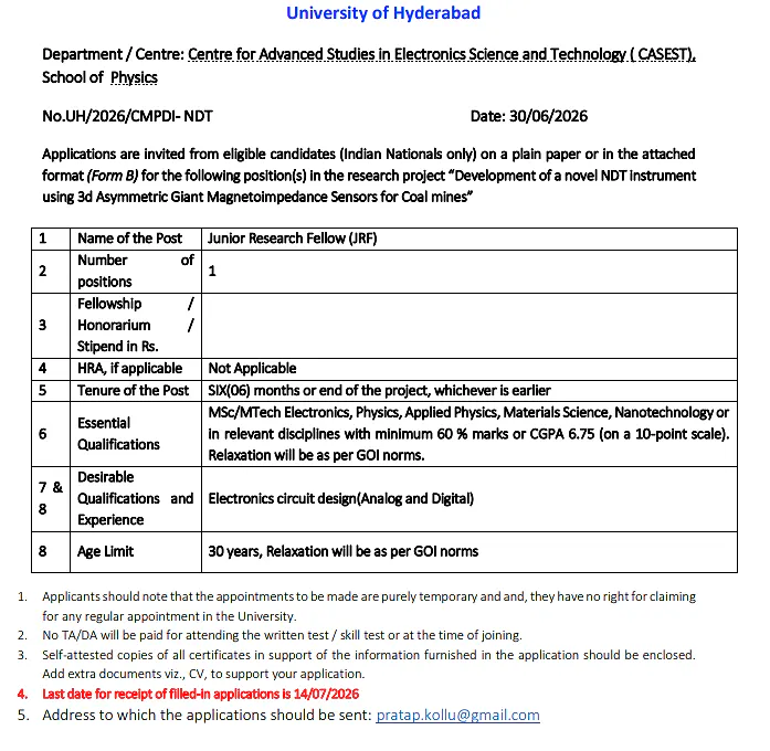 University of Hyderabad Invites Applications for Junior Research Fellow (JRF) 2026
