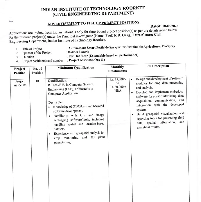  IIT Roorkee Project Associate Recruitment 2026 – Civil Engineering