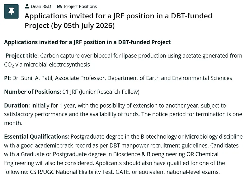 DBT-Funded JRF Position 2026: Applications Invited for Junior Research Fellow Position