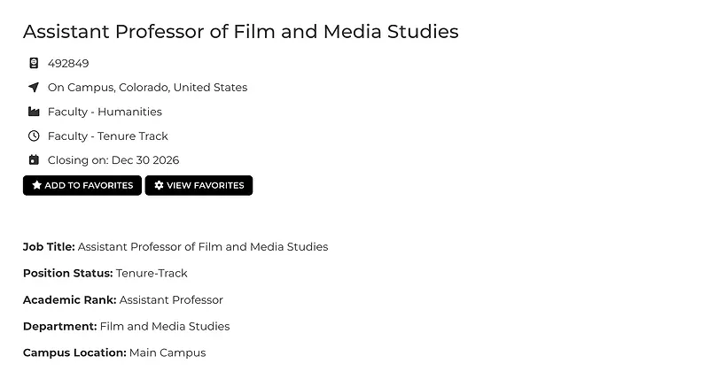 Assistant Professor of Film and Media Studies – Colorado College