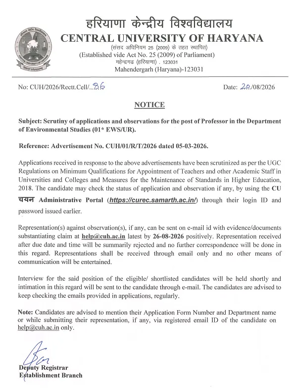 Professor Recruitment 2026 at Central University of Haryana – Environmental Studies Scrutiny Notice