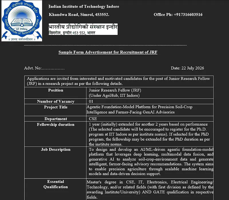 IIT Indore Junior Research Fellow Recruitment 2026