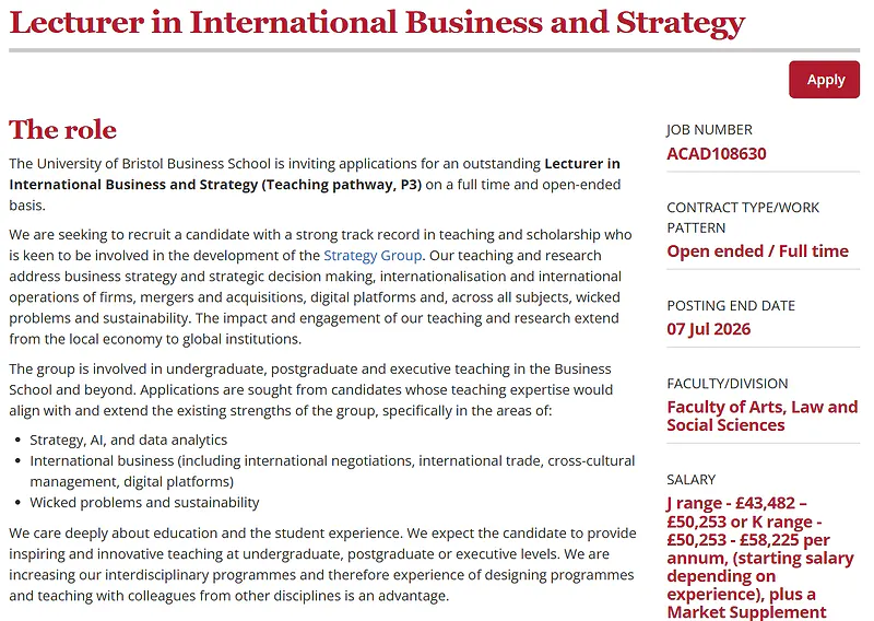 University of Bristol Recruitment 2026: Lecturer in International Business and Strategy