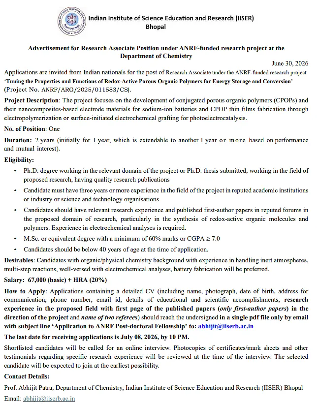 IISER Bhopal Recruitment 2026: Research Associate Position under ANRF-Funded Project