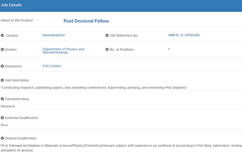 SRM Institute of Science and Technology Invites Applications for Post Doctoral Fellow Position