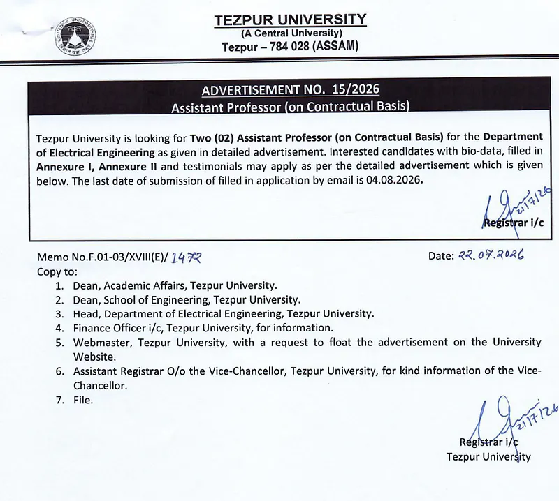 Tezpur University Assistant Professor Recruitment 2026