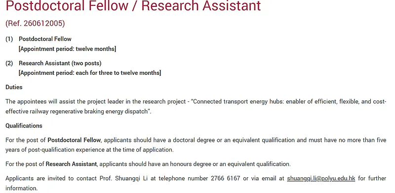 Postdoctoral Fellow / Research Assistant Recruitment 2026 at The Hong Kong Polytechnic University