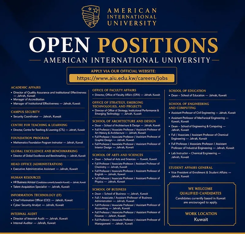 American International University (AIU), Kuwait Recruitment 2026 | Faculty & Administrative Positions Open