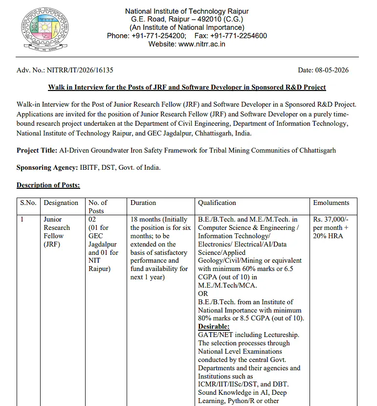  NIT Raipur Recruitment 2026  : Walk-in Interview for JRF 
