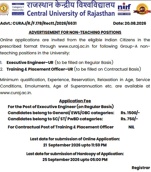 Non-Teaching Recruitment 2026 at Central University of Rajasthan – Executive Engineer & Training and Placement Officer