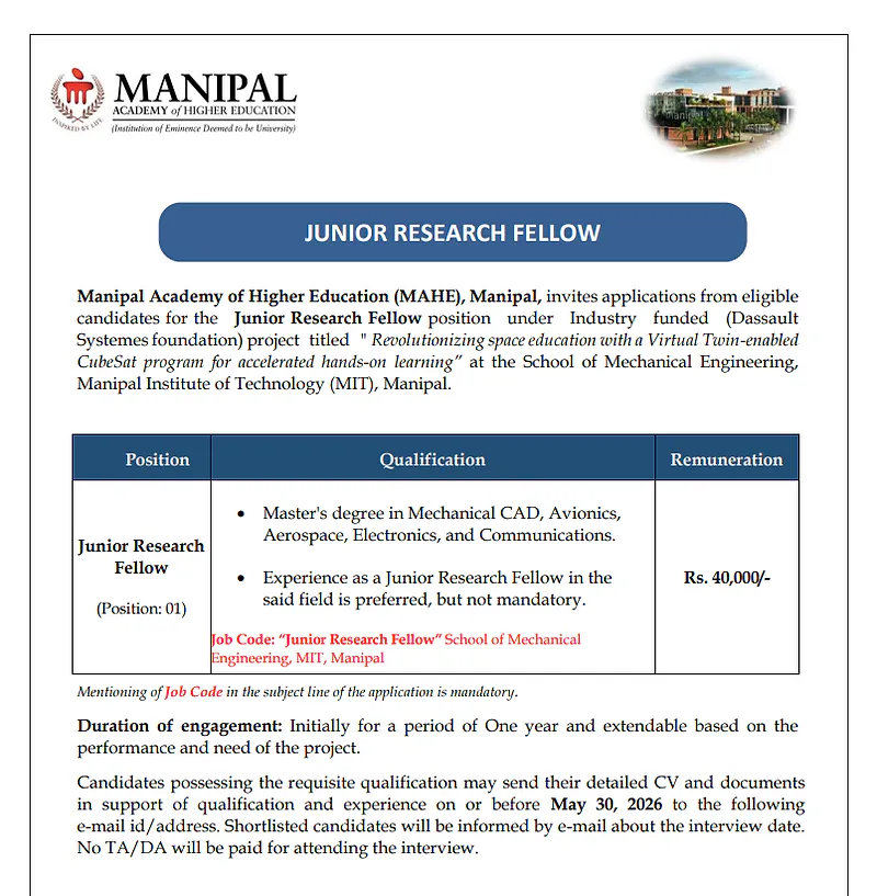 MAHE Recruitment 2026: Junior Research Fellow (JRF) Vacancy