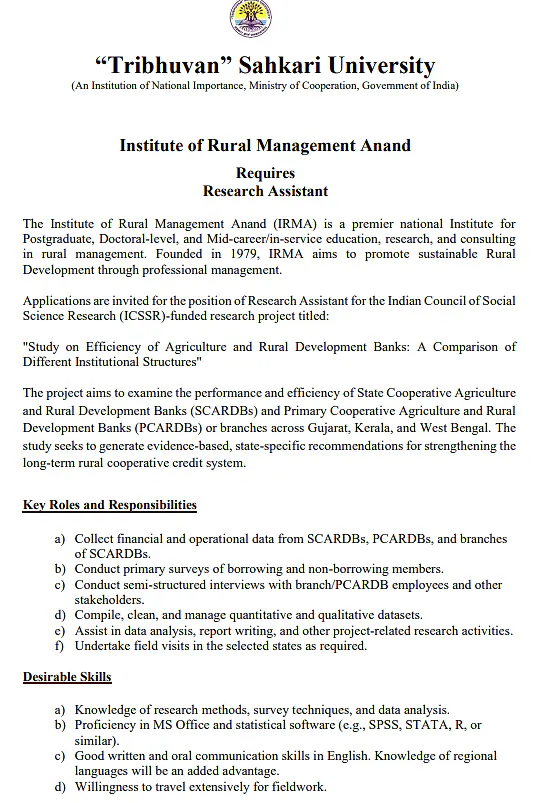 IRMA Research Assistant Recruitment 2026