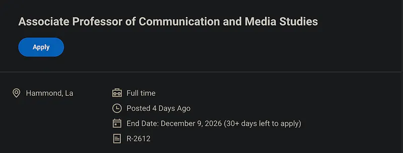Faculty Opportunity: Associate Professor of Communication and Media Studies – Southeastern Louisiana University