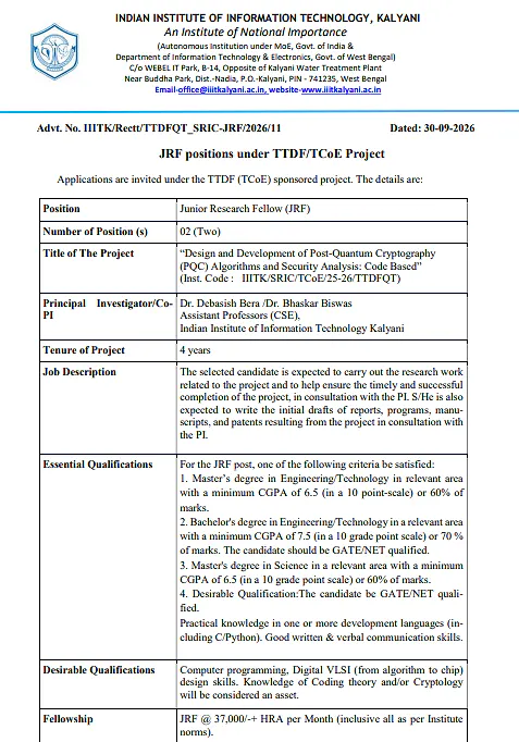 Junior Research Fellow (JRF) Recruitment 2026 – IIIT Kalyani