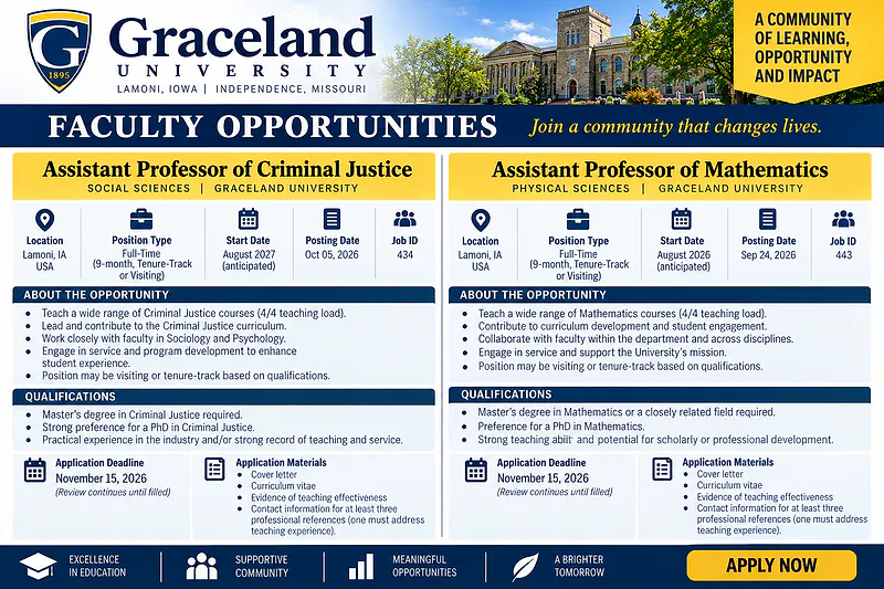 Assistant Professor of Criminal Justice & Assistant Professor of Accounting – Graceland University