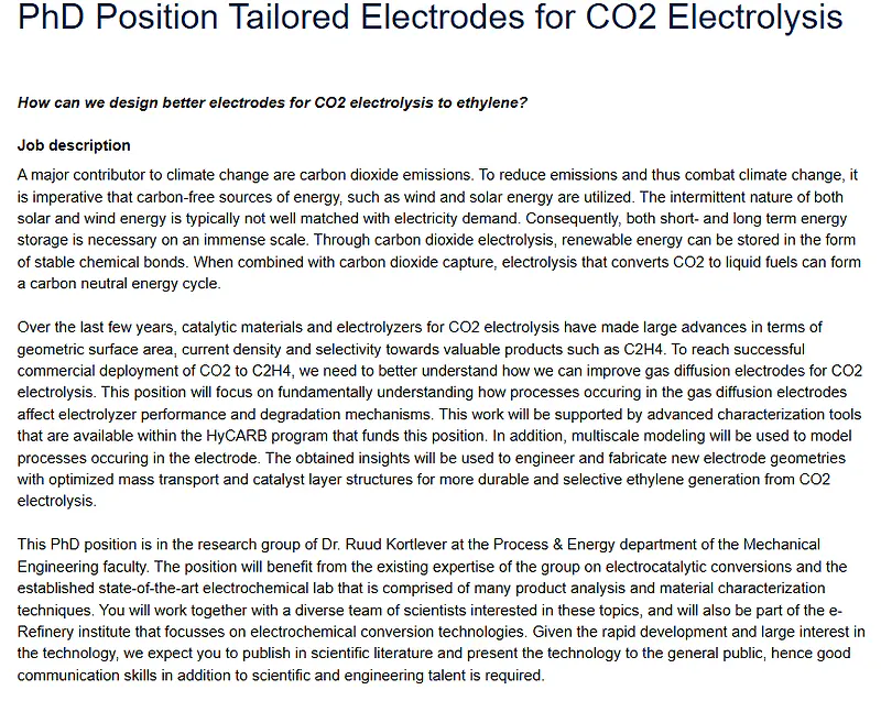 PhD Position in Tailored Electrodes for CO₂ Electrolysis at TU Delft
