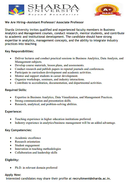 Assistant Professor / Associate Professor Recruitment – Business Analytics & Management – Sharda University