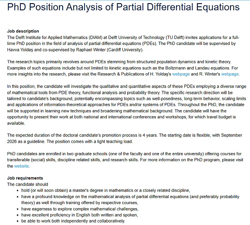 PhD Opportunity 2026 | Analysis of Partial Differential Equations at TU Delft