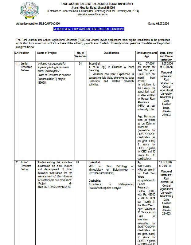 RLBCAU Jhansi JRF Recruitment 2026 – Walk-in Interview for Contractual Positions