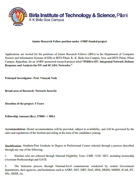 Junior Research Fellow Recruitment 2026 at BITS Pilani – ANRF Funded Network Security Project