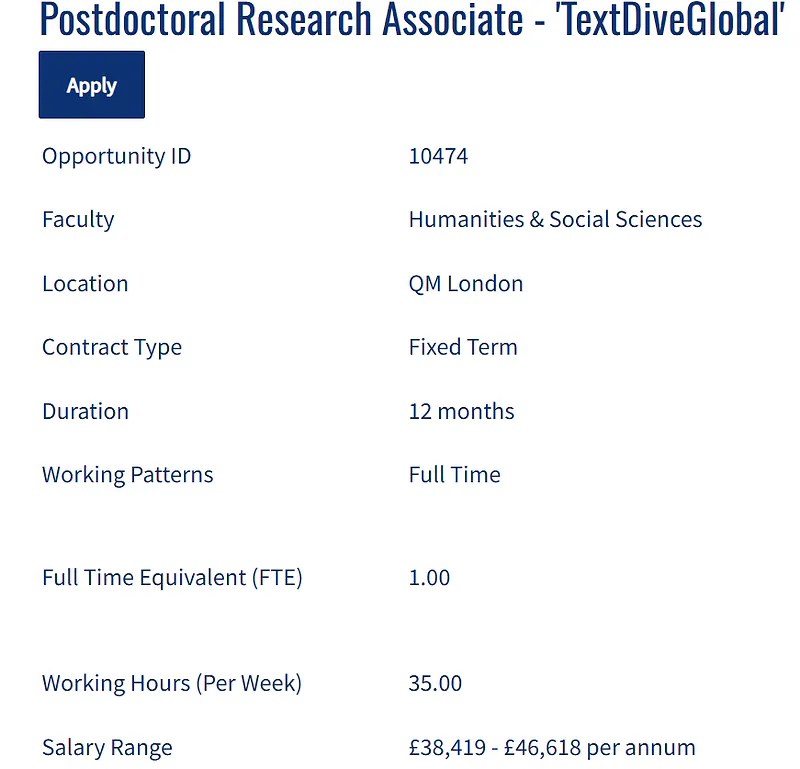 Queen Mary University of London Recruitment 2026: Postdoctoral Research Associate – TextDiveGlobal | ERC-Funded Project
