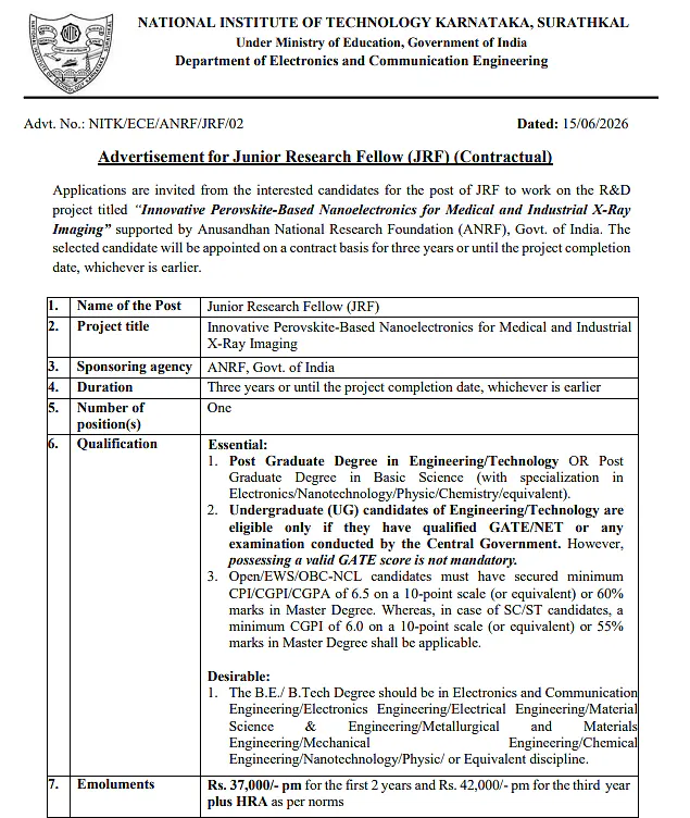 NIT Surathkal Recruitment 2026: Junior Research Fellow (JRF) Position in Nanoelectronics for X-Ray Imaging | Apply Now