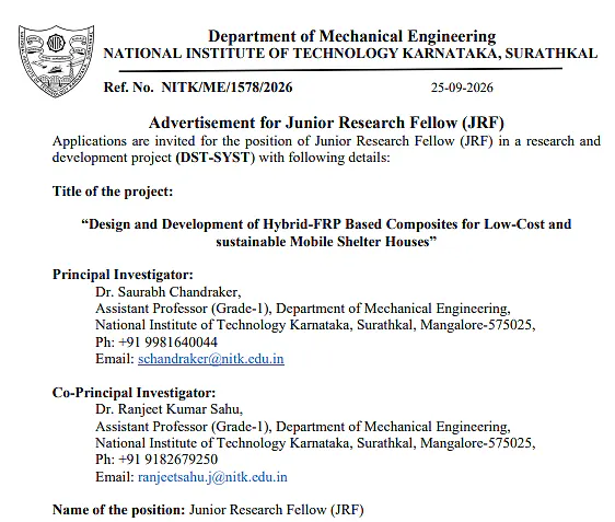 Junior Research Fellow (JRF) Recruitment 2026 at NITK Surathkal – Mechanical Engineering